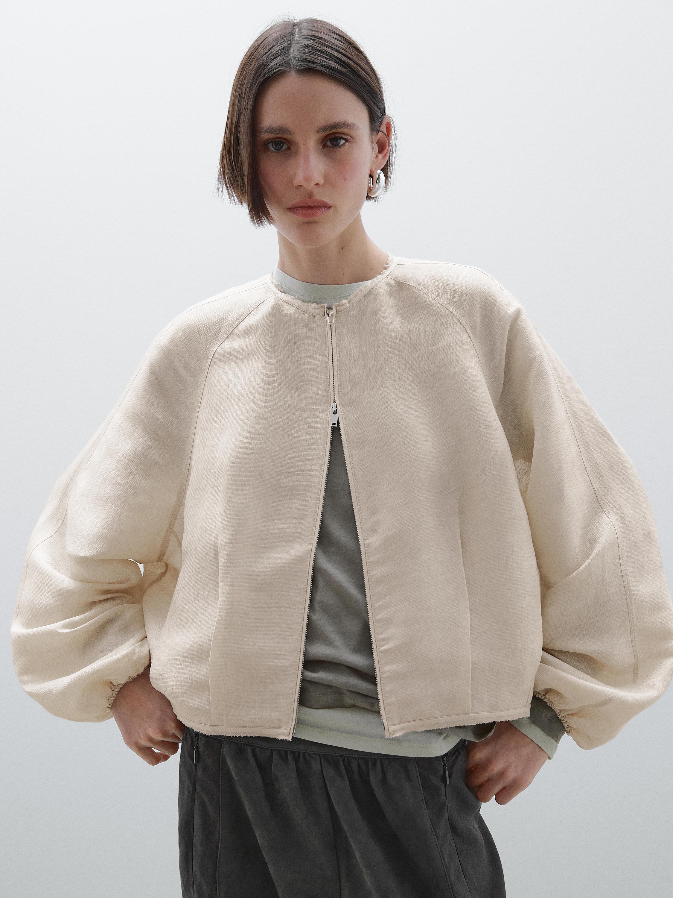 Frayed linen and silk bomber jacket
